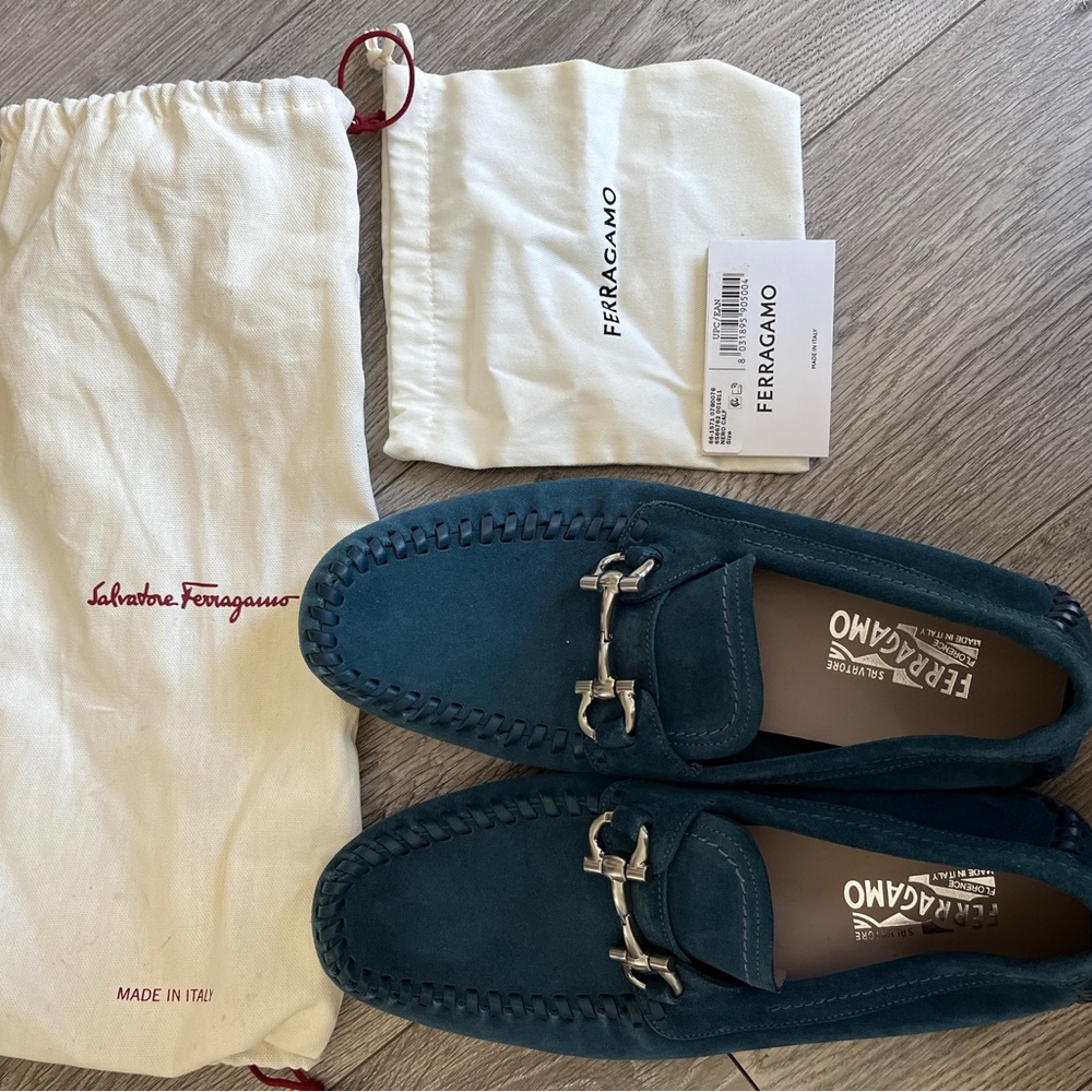 Salvatore Ferragamo Teal Suede Bit Loafers for Men